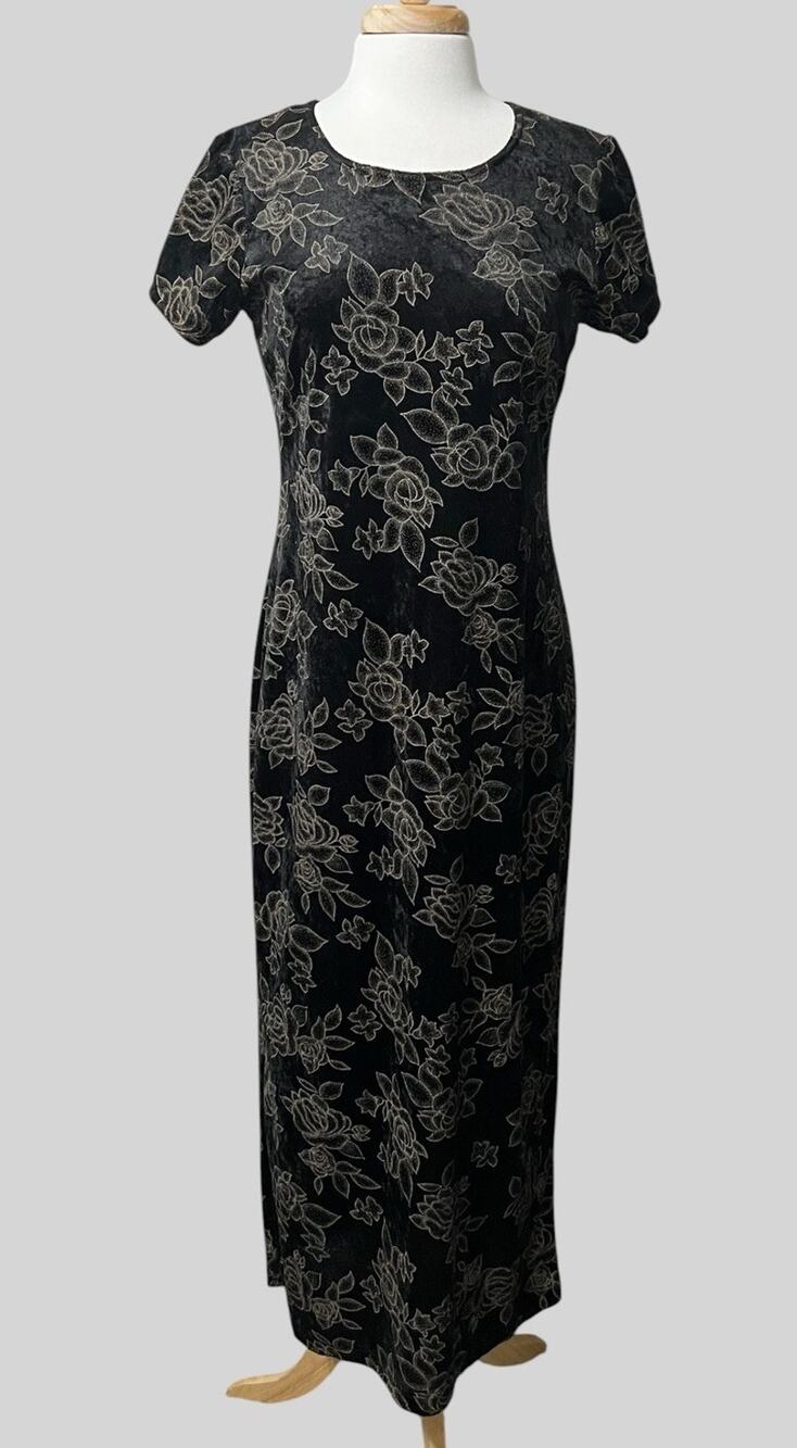 Vtg 90’s Black Velvet Floral Maxi Dress Whimsigoth Dark Romantic Grunge size 11